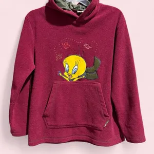 Vintage Y2K Looney Tunes Tweety Bird Fleece Hoodie Burgundy Small thumbnail 1