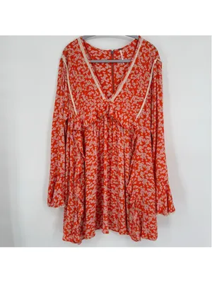 Free People Floral Mini Baby Doll Dress, Size M, Orange and White thumbnail 2