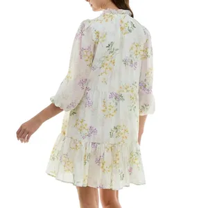 Taylor Floral Tiered Smock Dress Small‎ Cream Yellow Purple Lyocell Coquette NWT thumbnail 2