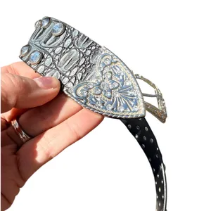 Source Unknown Western Croc‎ Embossed Studded Rhinestone Belt Black Silver Embossed Buckle thumbnail 6