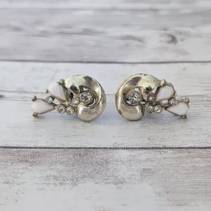 Vintage Screw On Earrings Gold Tone, Clear & White - Condition Issues thumbnail 4