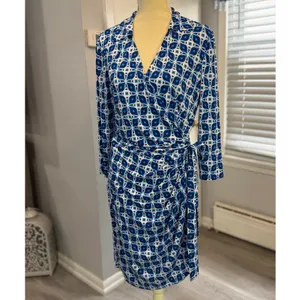 Maggy London Size 14 Blue Geometric Faux Wrap Stretch Career Dress thumbnail 2