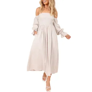 Petal + Pup Off The Shoulder Dress Domenica Striped Neutral Women 2 Midi Smocked thumbnail 3
