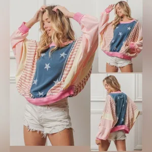 BIBI‎ Patchwork Pullover Sweatshirt Blue Pink Stars Stripes Boho Womens Large thumbnail 2