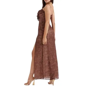 NEW House Of CB Dress Luciana Metallic Brown Long Gown Dress Peppercorn Xs Vneck thumbnail 7