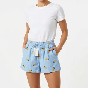 NWT Blue Embroidered Pineapple Fruit Linen Blend Shorts Small Quiet Luxury thumbnail 2