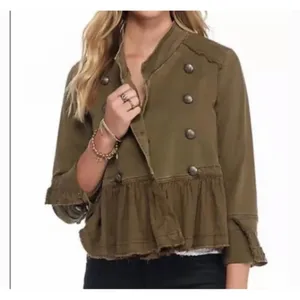 Free People Peplum Military Olive Green Ruffled Hem Double Breasted Jacket XS thumbnail 3