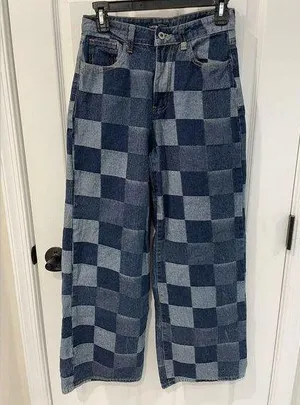 SheIn 90s Y2K Inspired Checker Patchwork Wide Leg Denim Jeans Women’s Size 27 thumbnail 1