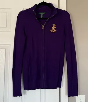 Ralph Lauren Vintage Womens Full Zip Sweater Logo Patch Purple Preppy thumbnail 2
