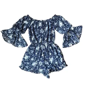 American Eagle Floral Off-The-Shoulder Romper Blue Boho Ruffle Size Small S thumbnail 3