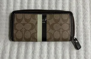 Coach Zip-Around Signature Canvas Wallet in Khaki and Cream Stripe thumbnail 1