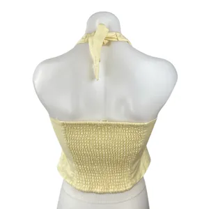 ASTR The Label Yellow Halter Pintucked Smocked Tie Sleeveless Crop Top Size S thumbnail 4