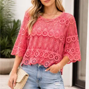 Umgee Pink coral crochet Lace boho top Blouse! Size small! thumbnail 1