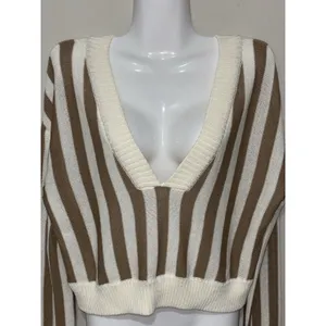Honey Belle Sweater Womens Med Crop Top Tight Knit Brown & Ivory thumbnail 5