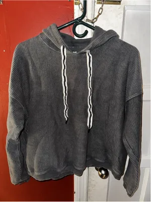 Aerie Gray Ribbed Corded Hoodie Cropped Textured Pullover Cozy Lounge Gorpcore thumbnail 3