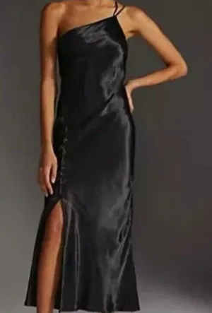 Anthropologie Bl-nk dress Women’s Black satin One-Shoulder Slip Dress Size 6 thumbnail 1