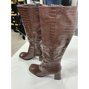 Womans Suedi Knee High Boots Brown Croc Faux Leather 7.5 Blk Heel 1/2 Zip NWOT thumbnail 2