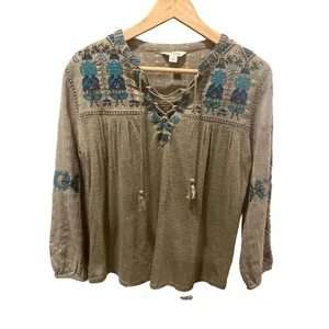 Lucky Brand Embroidered Lace-Up Peasant Blouse Boho Western Top S thumbnail 3