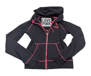 PINK Y2K Pink & Black Contrast Color Block Zip Up Hoodie Limited Edition thumbnail 1