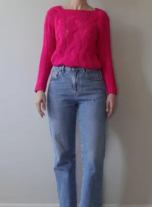 Fuchsia Pink Knit Cozy Square Neck Sweater One Size thumbnail 2