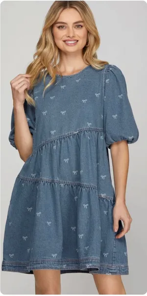 She + Sky Womens Bow Print Tiered Puff Sleeve Babydoll Denim Mini‎ Dress Size M thumbnail 1
