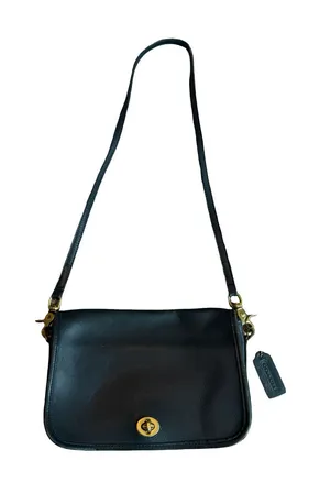 Coach Vintage Black Leather Flap Turnlock Shoulder Bag Adjustable Saddle Women's thumbnail 1
