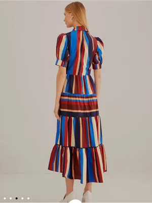 Farm Rio Stripped Multicolor Winter Stripes Short Sleeve Midi Dress Sz Medium thumbnail 2