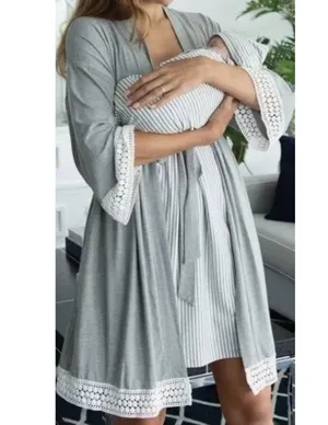 Angel Maternity Womens Sz XL/2XL Bamboo Robe Grey Crochet Trim Hospital Robe NWT thumbnail 1