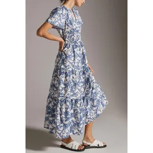 Anthropologie Somerset Maxi Dress XS Blue White Floral Tiered Smocked Waist thumbnail 2