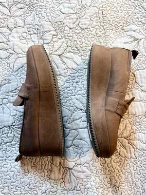💥 Eileen Fisher Max Nubuck Leather Wedge Platform Loafers Taupe Sz 7 🧡 thumbnail 5