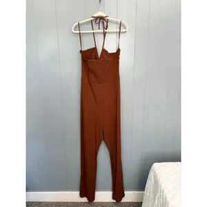 NEW Aerie Brown Halter Ribbed Slim Flare V-neck Boho Casual Jumpsuit XXL thumbnail 4