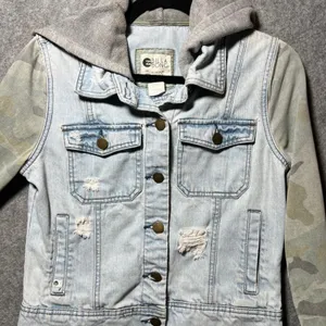 Billabong Womens Denim Jacket Camo Sleeve Hooded Distressed Light Wash Medium thumbnail 8