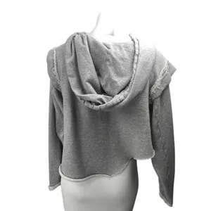 Free People Women's Gray Distressed Long Sleeve Hooded Hoodie Crop Sweatshirt M thumbnail 2