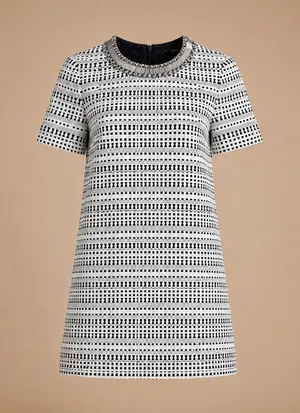 Zara Basic Textured Shift Dress Small‎ Black White Embellished Neckline Career thumbnail 1