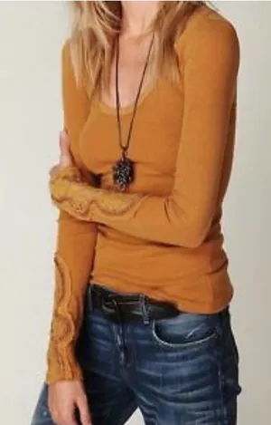 Free People Long-Sleeve Scoop Neck Top in Mustard thumbnail 1