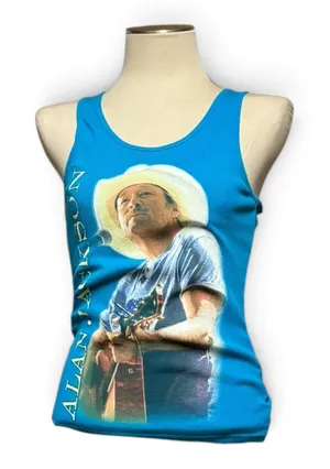 Alan Jackson Vintage 90s Country Music Concert Ribbed Tank Top Blue Large thumbnail 1