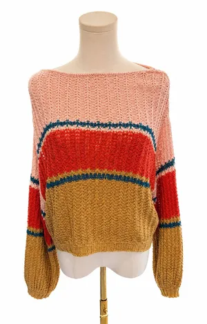 Billabong Size Large Open Knit Colorblock Lightweight Sweater Pink Rust Tan thumbnail 1