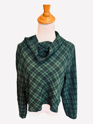 Zara Blue Green Plaid Drape Neck Blouse Shirt Top Preppy Lightweight S thumbnail 4