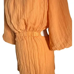 VICI Womens Open Back Balloon Sleeve Mini Dress Size S Orange Crinkle Textured thumbnail 5