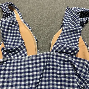NWT J.Crew Gingham Ruched Ruffle One-Piece Swimsuit Womens Size 12 Blue White thumbnail 7