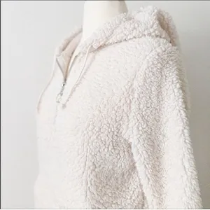 No Boundaries Cream Hooded Quarter Zip Fuzzy Sherpa Sweater Hoodie Size Medium thumbnail 2