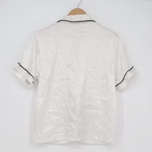 White Leopard Jacquard Satin Pajama Top Short Sleeve Black Piping Small thumbnail 4