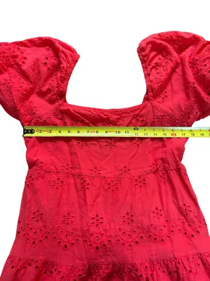 Cotton Maxi Dress Smocked Back Eyelet Puff Sleeve Coral Womens Large thumbnail 8