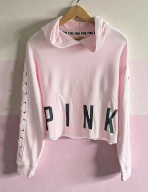 PINK Victoria's Secret Pastel Pink Cropped‎ Lace-Up Sleeve Hoodie thumbnail 1