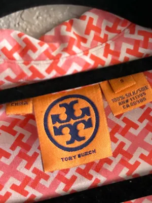 Tory Burch Silk Chain Link Geometric Button Down Blouse Coral Small Pink Career thumbnail 11