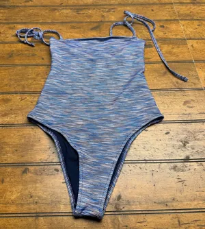 Aerie One Piece Cheeky Swimsuit Blue Textured Knit String‎ Tie XS thumbnail 1