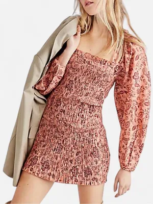 Free People Rust Floral Smocked Mini Dress thumbnail 1