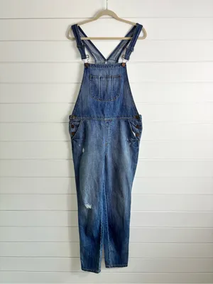 Ann Taylor Loft Distressed Blue Jean Denim Overalls Size L thumbnail 3