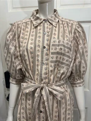 Entro Floral 100% Cotton Puff Sleeve Belted Midi Dress with Pockets Size Small thumbnail 4