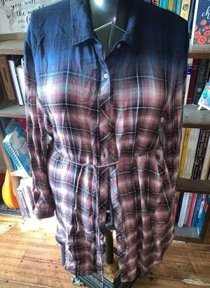 White Crow pink & blue plaid dipped button down L shirt dress thumbnail 1